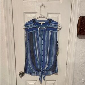 Striped Blue Sleeveless Blouse with Tie Front